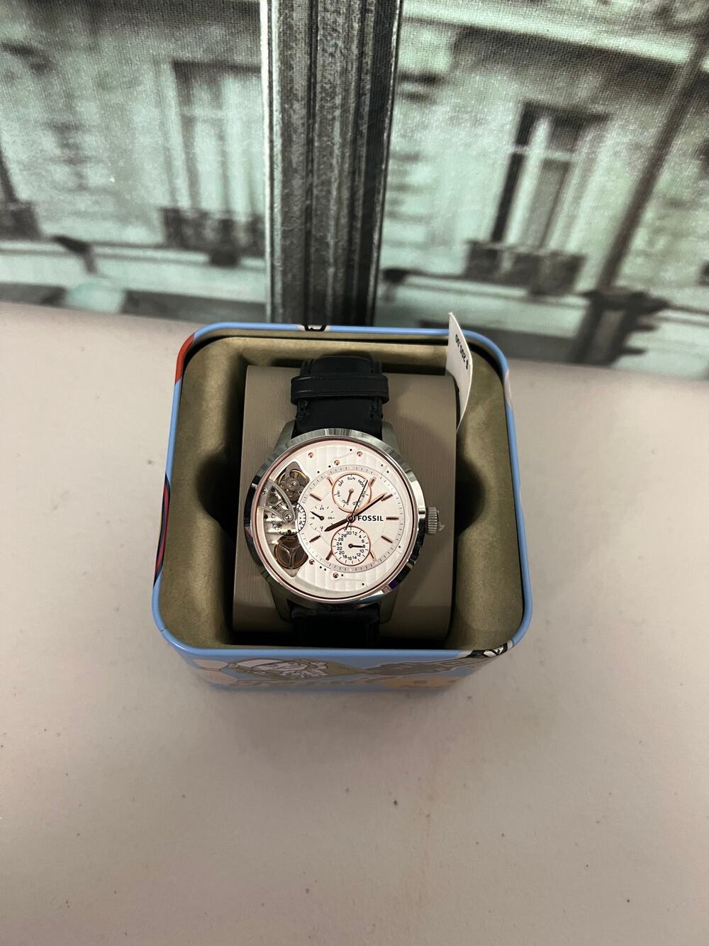 Fossil Townsman ME1164 White Skeleton Dial Black Leather Men Watch